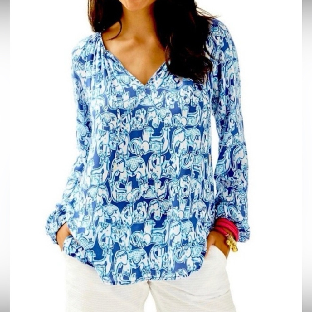 Lilly Pulitzer Willa Blouse XS Get Trunky Elephant Print Blue White Tunic Top